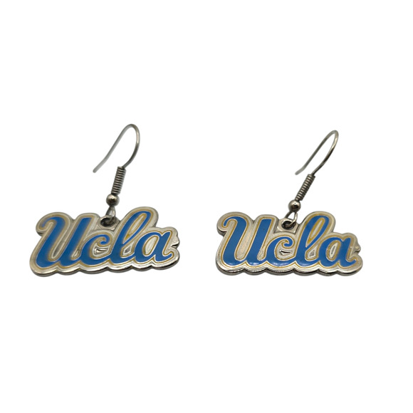 Pierced Earrings UCLA Bruins Blue Gold Enamel Script Logo Drop NCAA Fishhook - Picture 1 of 6